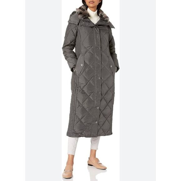London Fog Puffer Coat Womens XL Down Quilted Hooded Faux Fur Jacket Outerwear G - Picture 1 of 10
